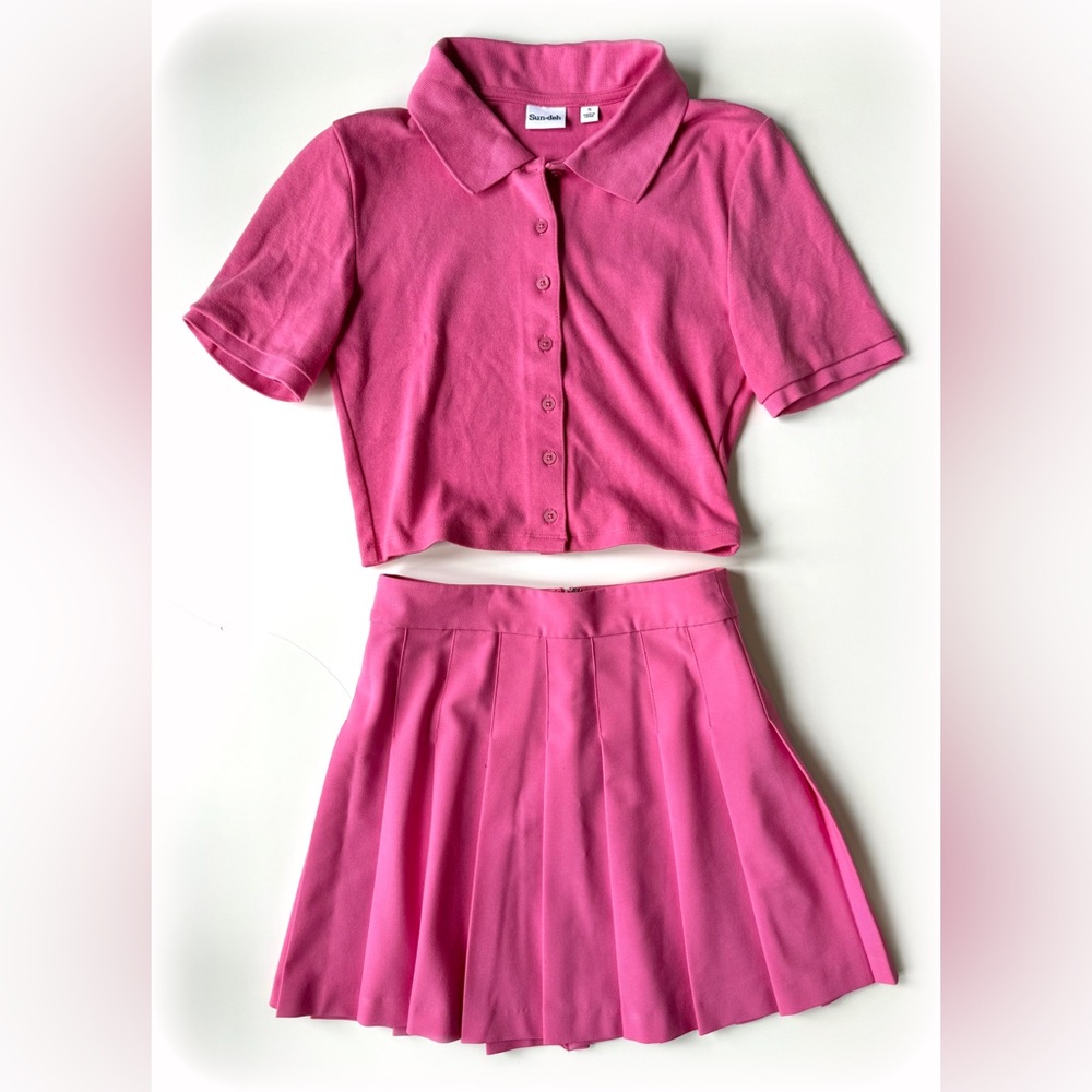 Cropped Polo Shirt + Pleated Skirt Set